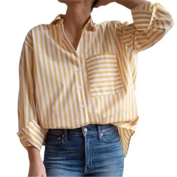 AYR Yellow White The Deep End Oversized Cotton Striped Button Down Shirt Size XS - Picture 5 of 13